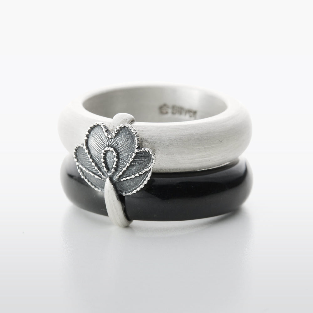Flower Sterling Silver & Black Jade Twin Ring