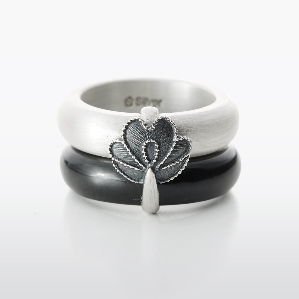 Flower Sterling Silver & Black Jade Twin Ring