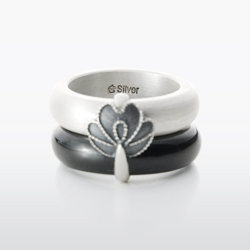 Flower Sterling Silver & Black Jade Twin Ring