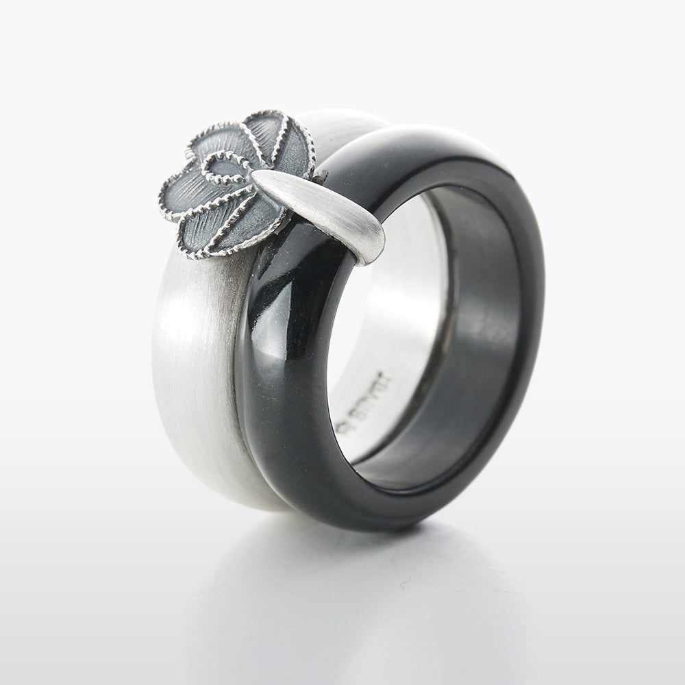 Flower Sterling Silver & Black Jade Twin Ring
