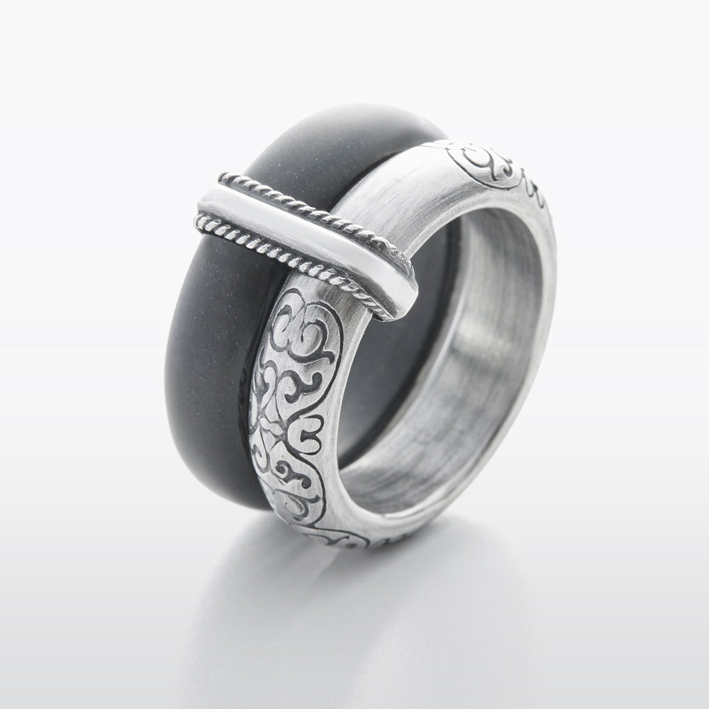 Line Black-Jade Vine Twin Silver Ring