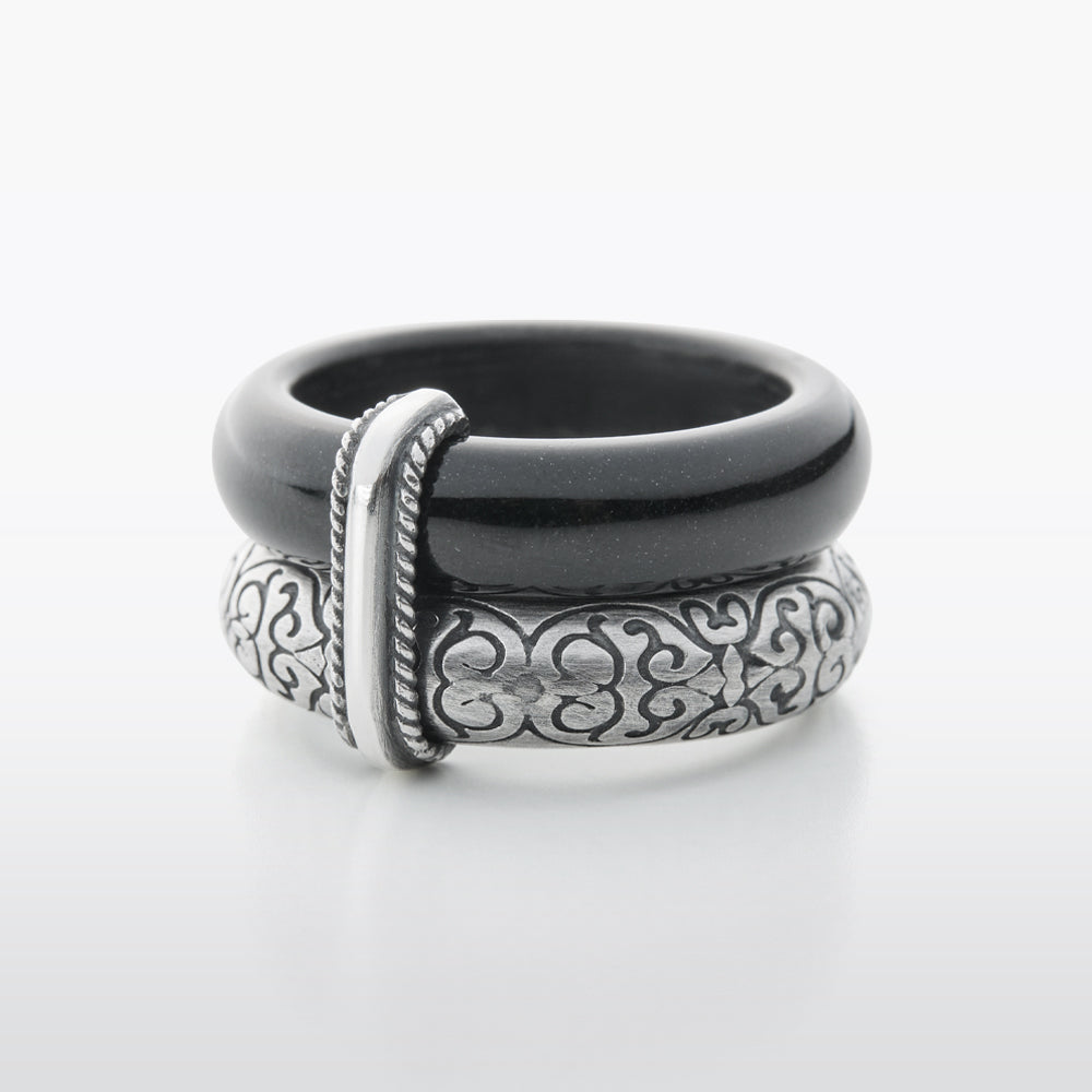 Line Black-Jade Vine Twin Silver Ring